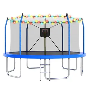 Blue 14FT Outdoor Trampoline 168x168x102.30 Inch Galvanized Rust-Resistant Metal Frame 1500 LBS Capacity with LED Lights Basketball Hoop Full Safety Net Foam Padding for Backyard Family Entertainment