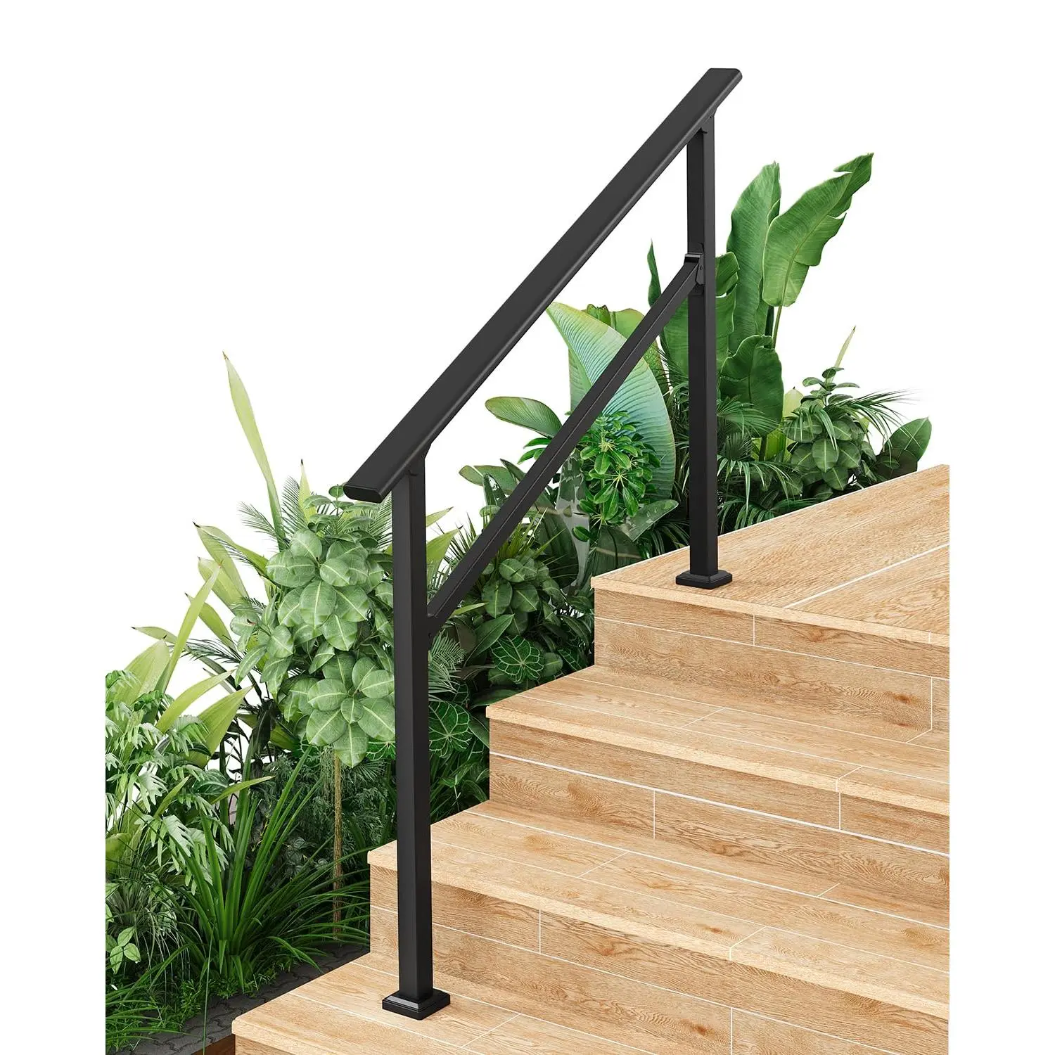Adjustable Metal Handrail for 3-6 Steps – Black Deck Stair Railing for Porch, Exterior or Indoor Use – DIY Installation Kit（Glossy Black）