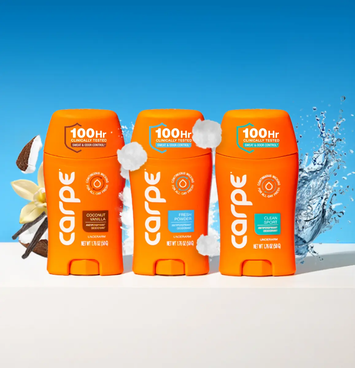 Carpe Underarm Antiperspirant Deodorant Starter Pack - Get 3 Scents - 100Hr Sweat and Odor Control - Quick-Drying - Non-Greasy - Residue-Free