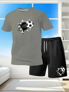 Men's 3D Breaking Wall Soccer Print Casual 2-Piece Set, Loose Short Sleeve T-Shirt & Drawstring Shorts, Summer Sporty Daily Outfit