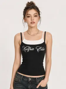 Aelfric Eden Contrast Layered Padded Cami Top Slim Cropped Fit Fake Two Piece Layer Design Built in Padded Cups Chest Cursive Logo Print High Stretch Ribbed Fabric Y2K Edgy Streetwear Women's Camisole