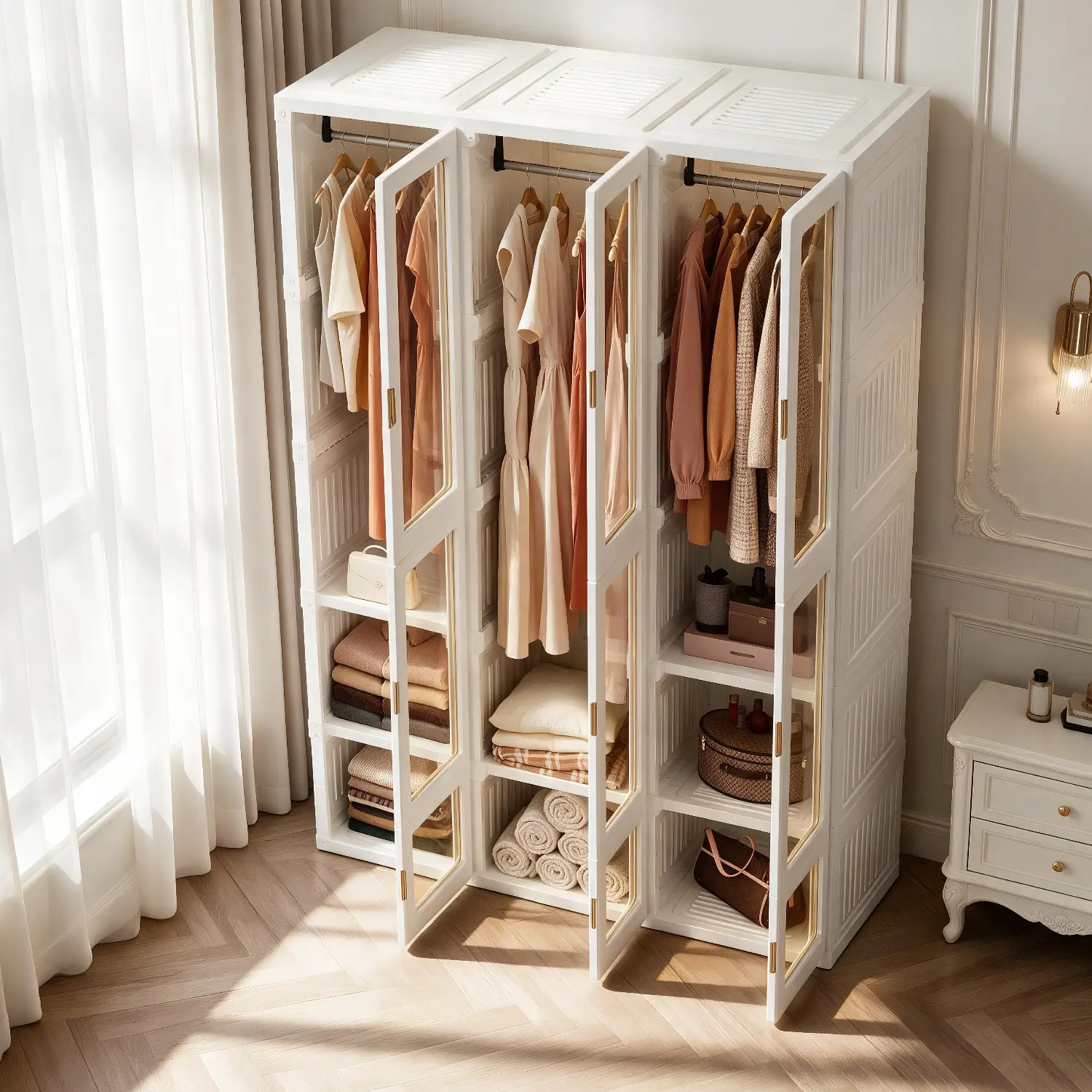 Portable Transparent Wardrobe Closet Storage Organizer for Clothes Folding Plastic Wardrobe with Magnetic Door and Easy Assembly roperos para guardar ropa armario de ropa closet bedroom armoires 3 Hanging Rod Multifunctional Space Saving Organizer