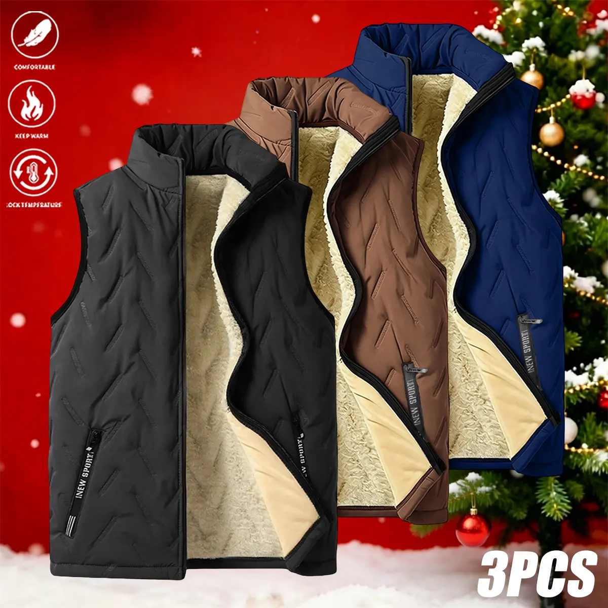 Men’s 3-Pack Fleece Vest Menswear Tops - 100% Polyester, Warm, Soft, Heat-Locking, Stand Collar, Full Zipper Closure, Internal & Side Pockets, Ideal for Winter Outdoor Activities & Everyday Casual Wear,sohochic