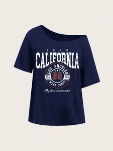 Women's Summer Short Sleeve Top with California and Number 89 Pop Art Print, Casual Fitted T-Shirt, Stylish Letter Pattern