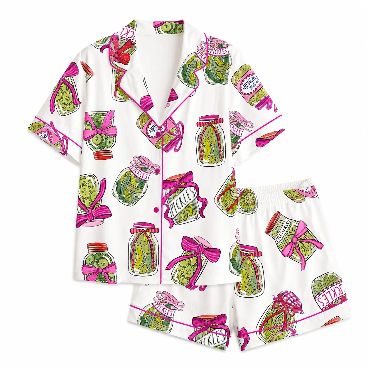 Women's Pink Bow Pickle Print Short Sleeve Satin Pajama Set
