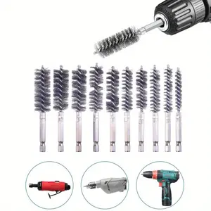 10 Packs Heavy-Duty Stainless Steel Wire Brush Set Compatible for Power Drills, Deburring Tube Brushes with Hex Shank for, Tube, Threading, Rust & Debris Removal (Drill-Mounted)