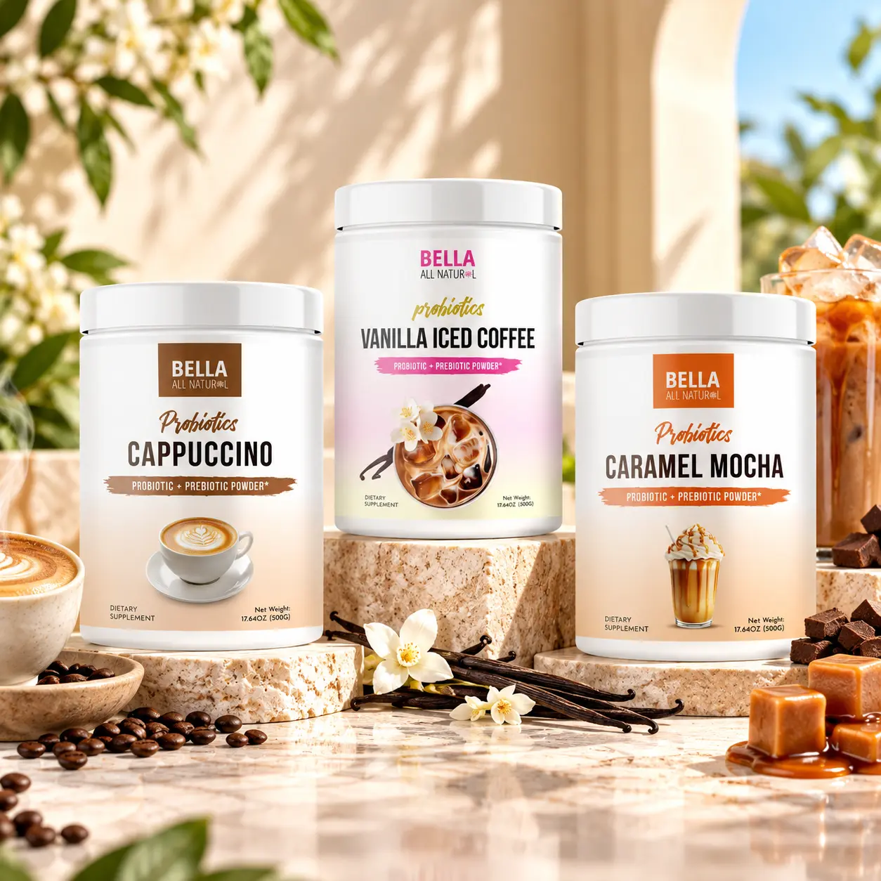 Bella All Natural Casa de Café Probiotics Trio: Cappuccino + Vanilla Iced Coffee + Caramel Mocha Probiotics