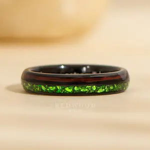 Black Redwood Emerald Ring, Sequoia Wood and Green Lab Created Emerald Inlays