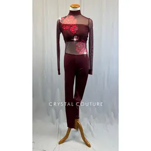 Maroon Unitard with Floral Print Mesh - Rhinestones