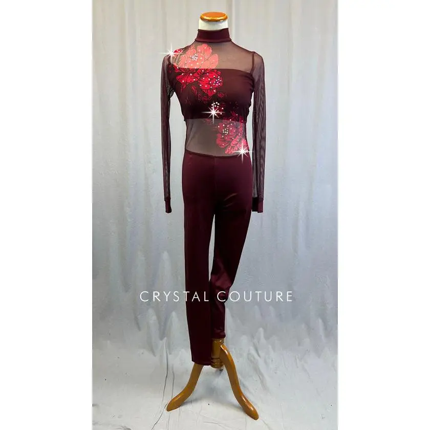 Maroon Unitard with Floral Print Mesh - Rhinestones