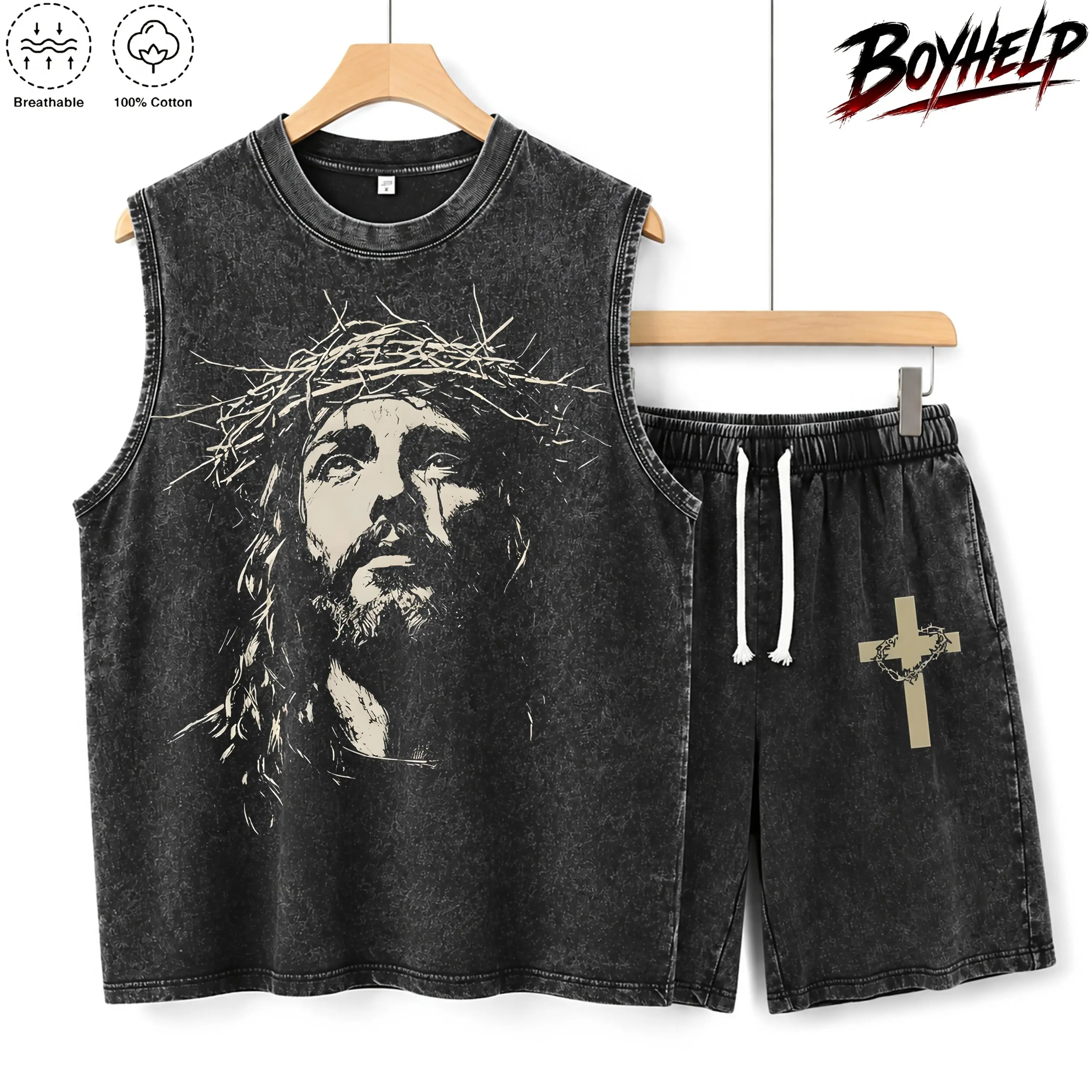 Jesus Crown of Thorns Washed Vest, God Apparel Vest, Easter Vest, Jesus Vest, Easter Streetwear, Christian Apparel Graphic Tees, Gym Pump Cover Casual Round Neck 2Set Tank top and shorts