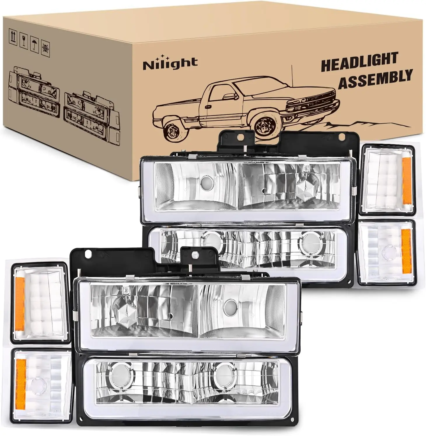 Nilight DOT/SAE Safe IP65 Waterproof LED Headlight Assembly with DRL, Enhanced Vision, Plug-and-Play LED Upgrade Car Lighting for Chevy Silverado 1500/2500/3500 (1994-1998), Tahoe, C10, CK, Suburban (1994-1998); Side Marker Light Excluded for GMC Yukon