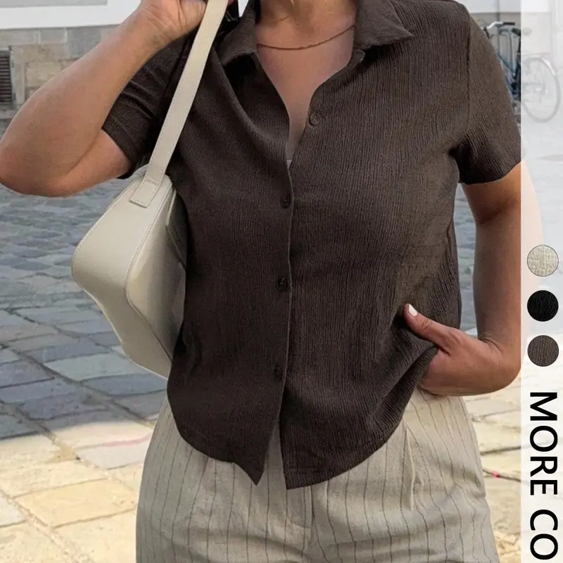 Women's Casual Vintage Textured Collared Neckline Summer Short Sleeve Fitted T-Shirt, Basic Versatile Chic Design, Perfect for Everyday Wear, Stylish Comfortable Minimalist Top, Fitted Casual Fashion