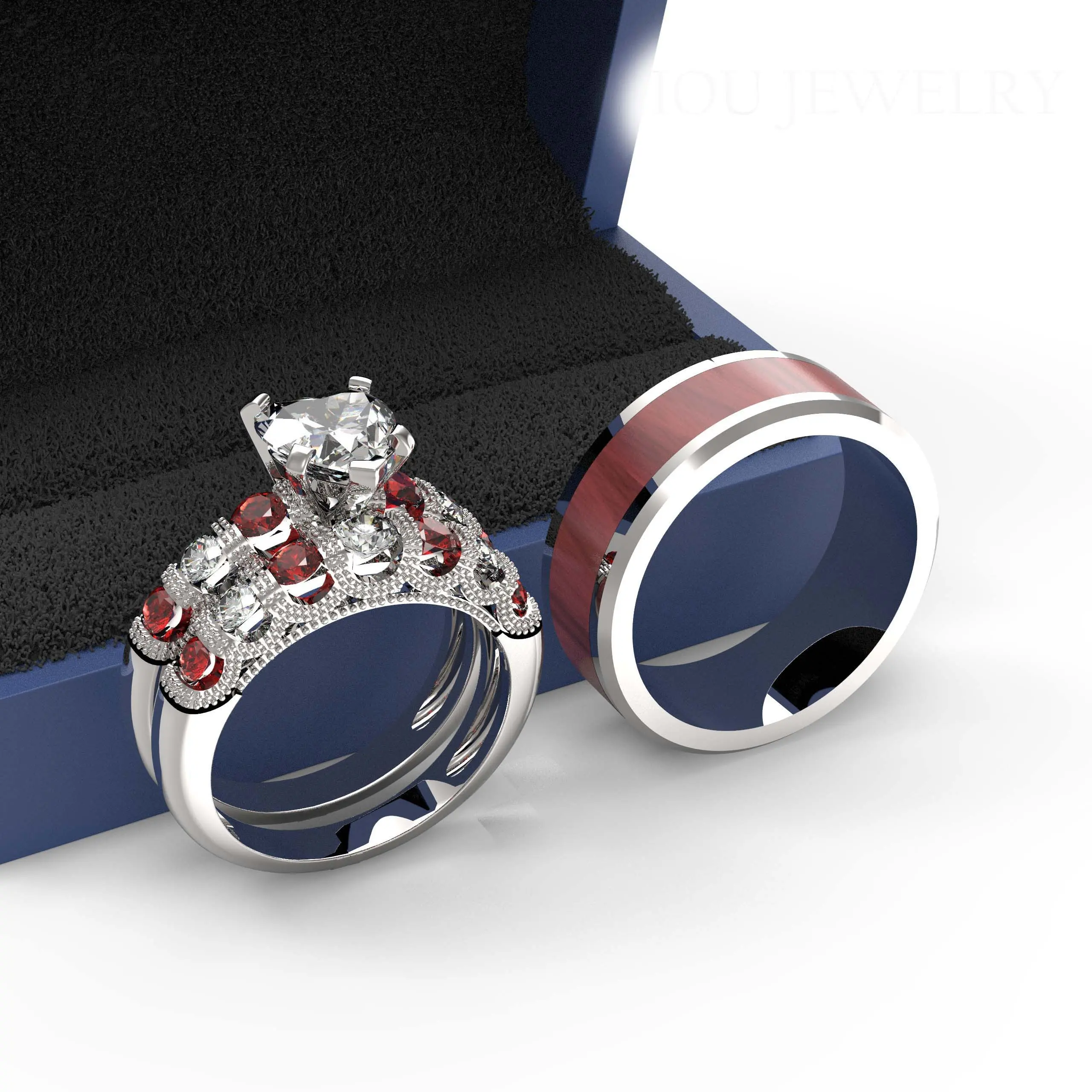 Ringcrown His & Hers Couple Ring Set, White Gold Plated 1ct Heart Cut CZ & Red Tungsten Steel Wedding Band, 2 pcs set, Nickel-free IP Plating, 7*7Mm, Anniversary, April, Classic