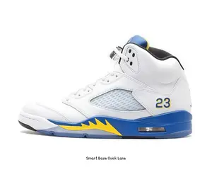 White Full Grain Leather Upper Royal Blue Midsole Yellow Accent Translucent Ice Outsole High Top Retro Basketball Sneakers Breathable Mesh Panel Street Trainers