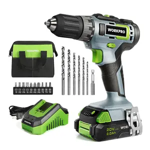 #SpringGlowUp WORKPRO 20V Cordless Drill Driver Kit, 3/8'' Keyless Chuck, 2.0 Ah Li-ion Battery, 1 Hour Fast Charger and 11-inch Green Storage Bag Included