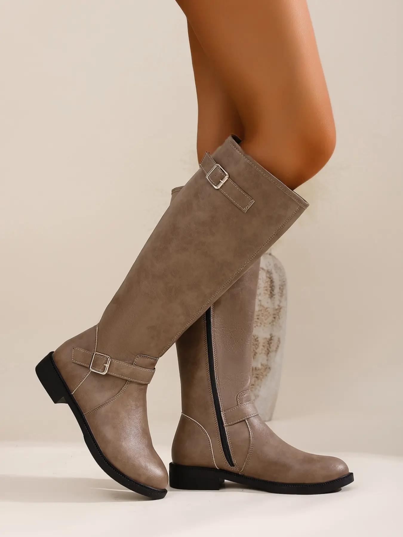 Women's High-Top Coffee Color Boots, High-Waisted Buckle Boots, Equestrian Boots, Side Zipper City Boots, Fall Winter Classic Elegant Boots, Boots Shoes