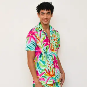 Tropicana Men's Short Sleeve Shirt, Soft Cotton Fabric Casual Menswear Tropical Island Outfit Multicolor Shortsleeve Collared Top