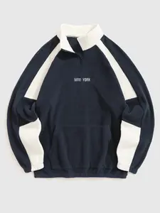 Men's Colorblock Raglan Sleeve Zip Up Sweatshirt, Casual Regular Fit Letter Embroidery Pocket Stand Collar Pullover for Fall & Winter, Men's Clothes for Daily Wear