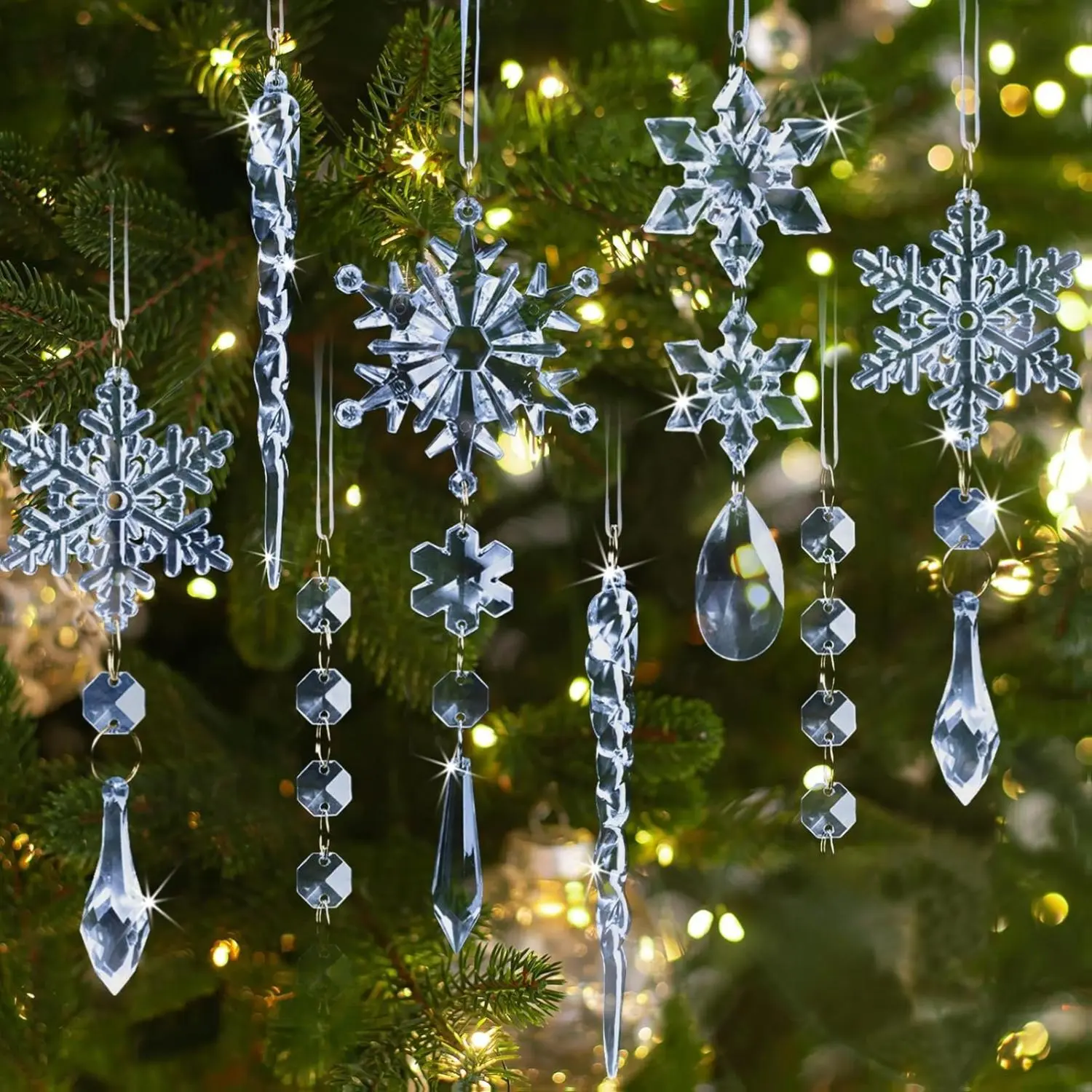 36pcs Crystal Christmas Tree Ornaments - Blue Acrylic Snowflake Icicle Drop Crystal Hanging Ornaments for Christmas Tree Wonderland Frozen Themed Birthday Party Decor