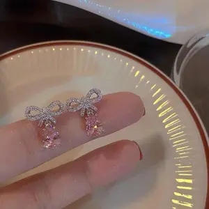 Sweet Style Pink Zircon Bow Knot Heart Stud Earrings For Women Aesthetic Y2K Accessories Jewelry Gifts