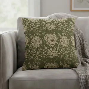 Olive Floral Boho Pillow Covers 18x18 Set of 2, Vintage Linen Block Print, Decorative Cushion Cases for Couch Sofa Outdoor, Outdoor Cushions
