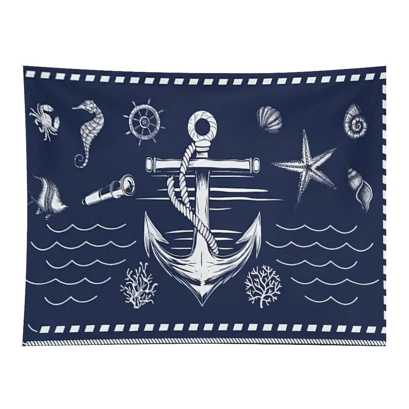 Nautical Wall Tapestry with Anchor Seahorse Shell Starfish Ocean Marine Elements for Home Bedroom Dorm Wall Decoration