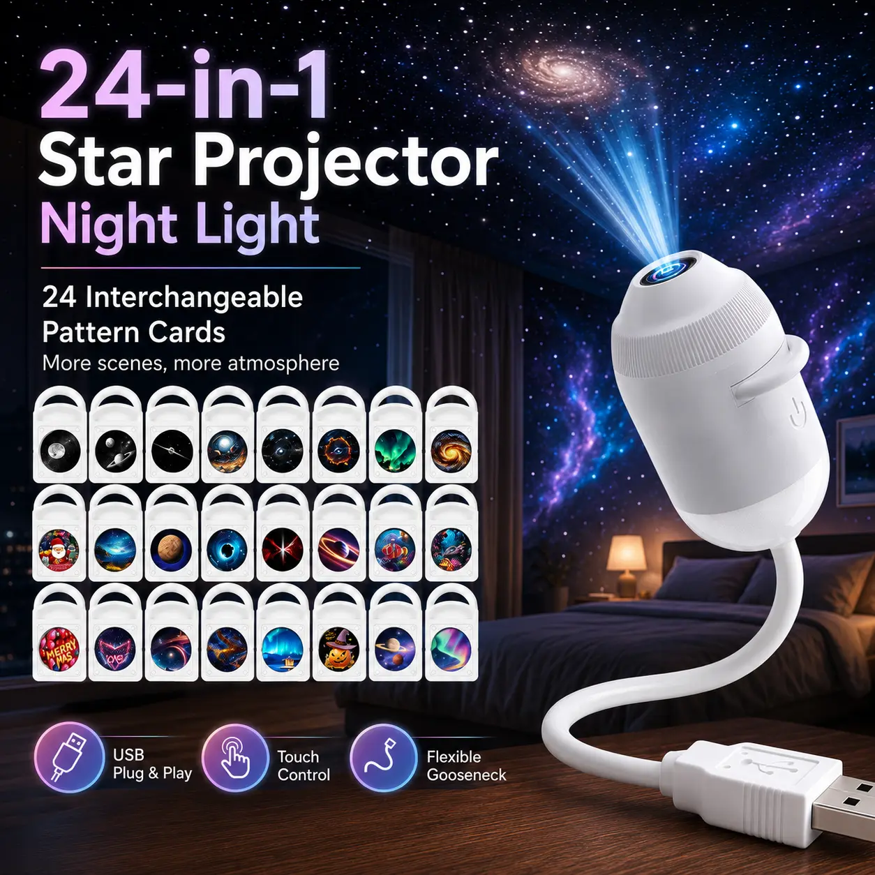 USB Star Projector Night Light, Galaxy Projector Lamp with 6/12/24 Interchangeable Pattern Cards, Touch Control Flexible Gooseneck, Plug & Play Ceiling Projection Light for Bedroom, Living Room, Car Interior, Home Decor, Christmas Birthday Gift