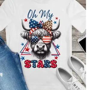 Funny Cow Patriotic T-Shirt , Featuring "Oh My Stars" Cute Highland Cow With USA Sunglasses Bow Design , Perfect for 4th of July & Country Girls , Unisex Tee