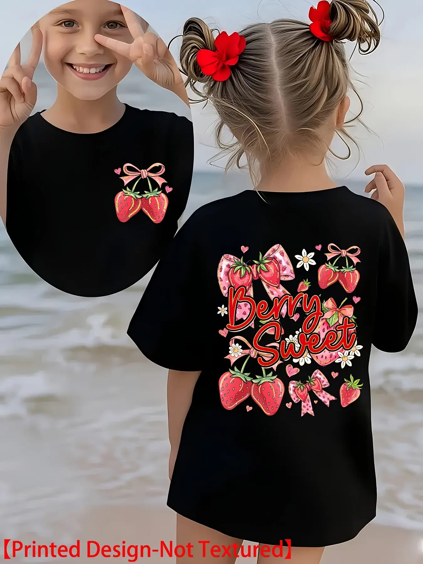 Girls' Black Short Sleeve T-Shirt, Berry Sweet Strawberry Bow Daisy Front Back Print Summer Casual Cotton Kids Tee