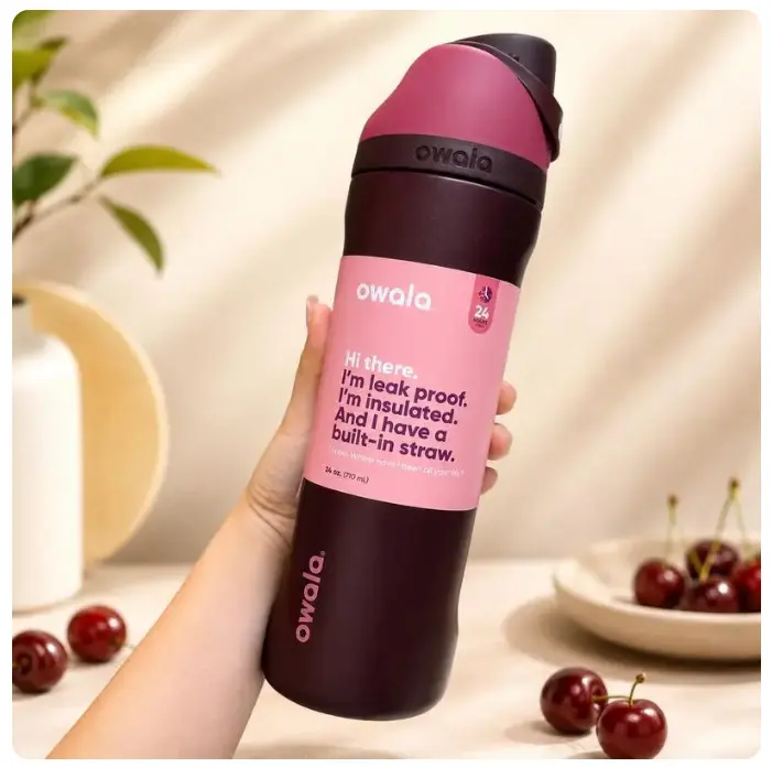 Owala FreeSip Water Bottle 24oz 32oz Black Cherry Red Leakproof Stainless Steel Insulated Tumbler