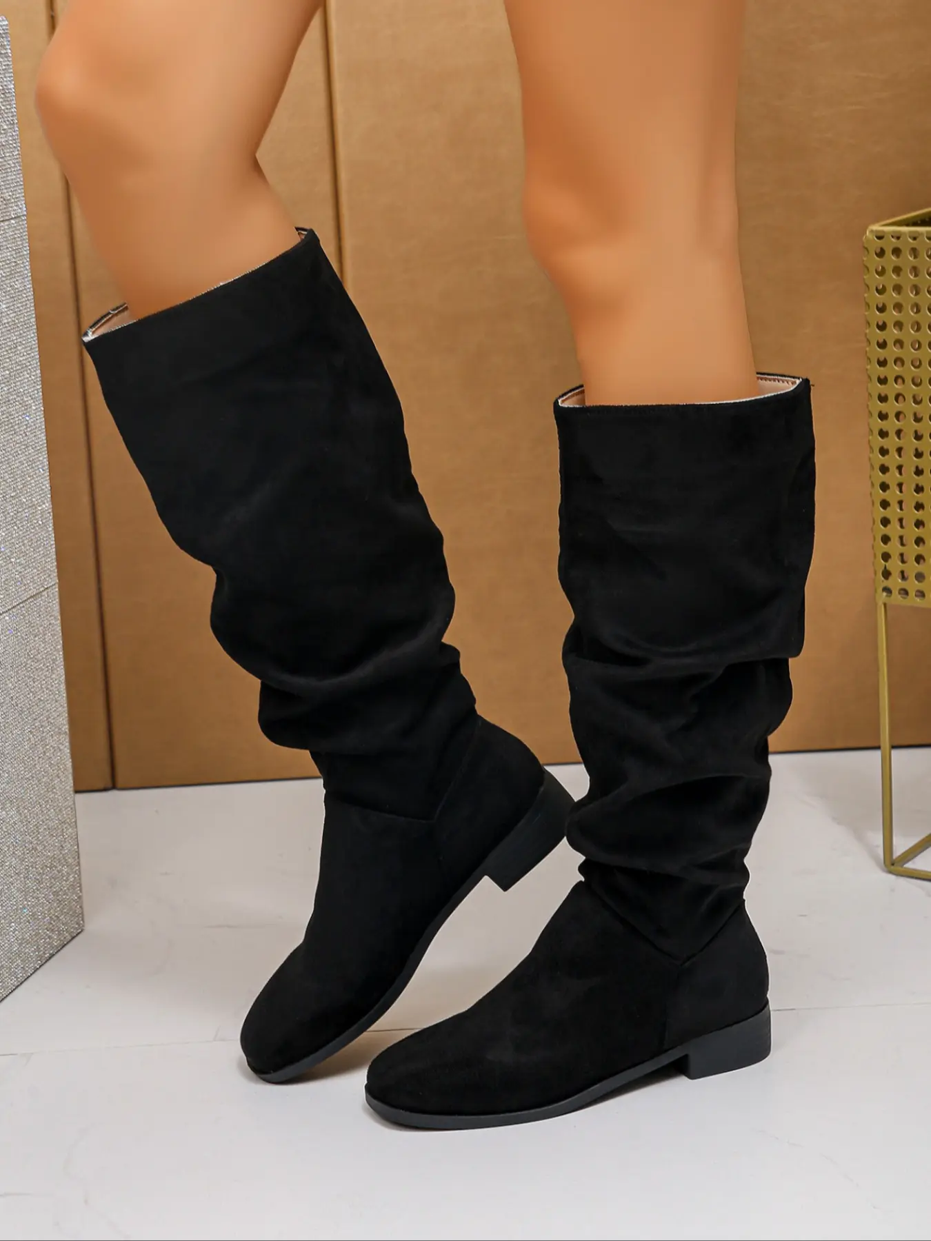 Women's Loose Knee-High Boots, Comfortable Low Chunky Heel Casual Fashion Crinkle Boots, Perfect for Fall Winter, Winter Warm Boots, Soft Easy Wear, Boot Heels, Black