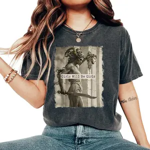 Mythology Inspired Washed T-shirt - Shirt: "Girls Will Be Girls" with a Powerful Medusa like Figure, Blending Ancient Legends and Modern Attitude,  Unisex Fit Washed T-Shirt  Shirts Women Casual Cotton Womenswear Country Concert Outfits