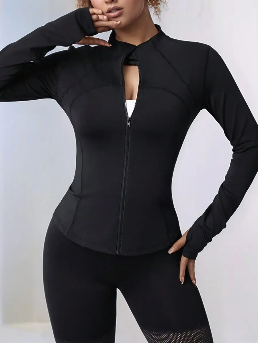 SLAYAURA Plus Size Zip-Up Long Sleeve Sports Jacket For Women, Tight Fit, Thumbhole Cuff, Fitness Yoga Running Activewear Outerwear Black Spring