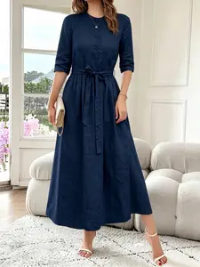 Celderio Women O Neck Half Sleeve Solid Color Elegant Maxi Dress Belted Casual Office Work Shirt Dresses Womenswear Elegance Casual Chic Outfit