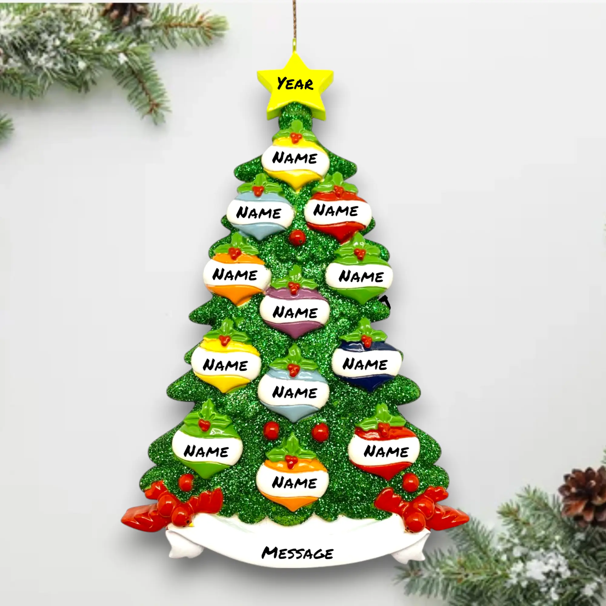 Personalized Green Glitter Tree Family of 12 Christmas Ornament – Custom Names & Year – Holiday Tree Decoration with Message – Noel Box