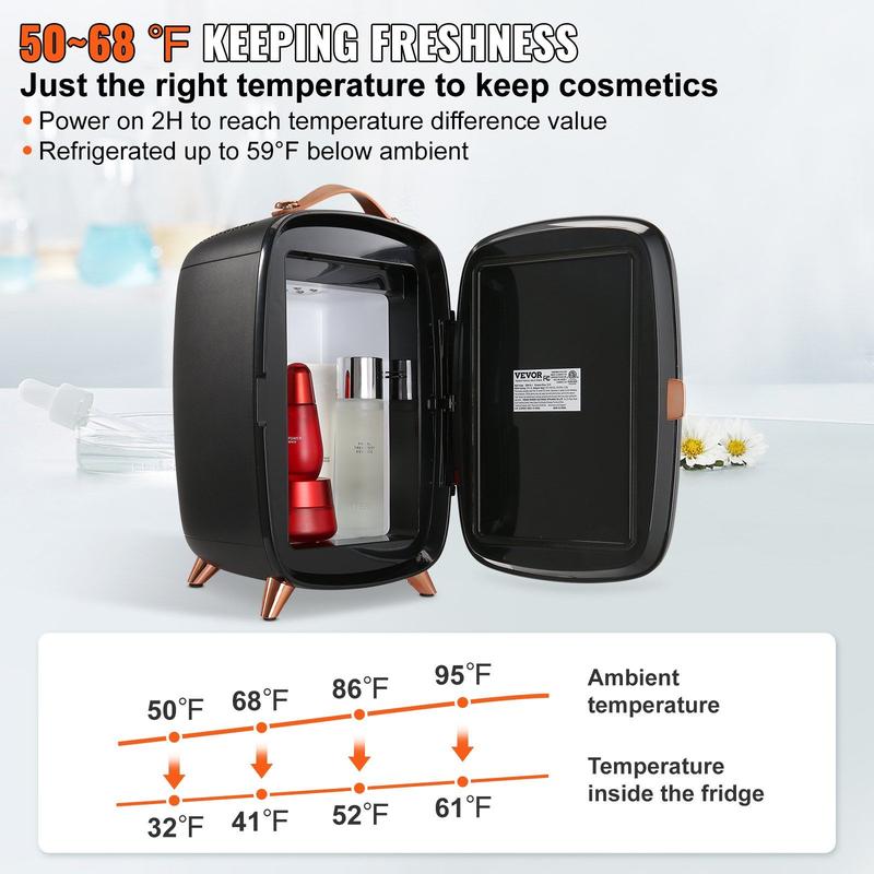 VEVOR Mini Fridge, 6L Skincare Fridge with LED light and HD Mirror, AC/DC Makeup Fridges for Skin Care, Cosmetic Storage, Chill Face Mask Drink, Small Refrigerator for Bedroom Dorm Desktop, Black