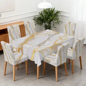 4/5/6/7pcs Golden Veins Elegance Dining Chair Slipcover And Tablecloth Set, Easy Setup & Install, Fits Home Decor, Indoor Use, Outdoor Camping, Festival Decor, Living Room, Dining Room & Gifting