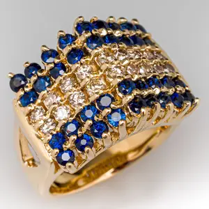 Women's Elegant Glamorous Engagement Ring - Sparkling Synthetic Cubic Zirconia, 80s Retro, Gold, Blue Stone, Chunky Gold-Tone, Cluster Style, Cocktail-Themed Party Costume Jewelry, Gold Rings, Blue Stone Rings