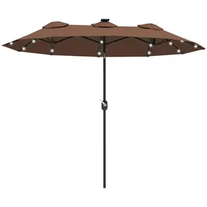 Double Umbrella 9.7 Foot Tiltable Cantilever Style Umbrella For Backyard Dining Solar Powered Lights On 12 Ribs 66 Lbs Base Required