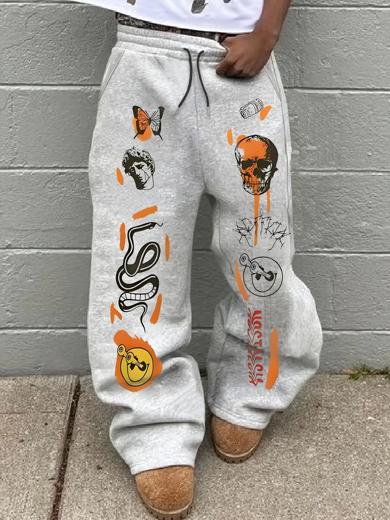 Men's Streetwear Baggy Sweatpants, Vintage Graffiti Graphic Print (Skull, Snake, Butterfly), Elastic Waist Drawstring Wide Leg Joggers, Comfortable Casual Loungewear Pants for Hip Hop, Daily Wear, All Seasons Trousers, 2026 Edgy Aesthetic Street Style