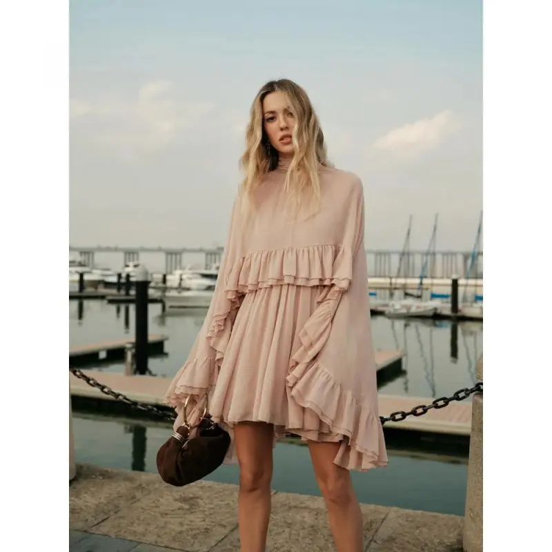 Semi-Sheer Chiffon Ruffle Dress With Outer Cape - TikTok Shop