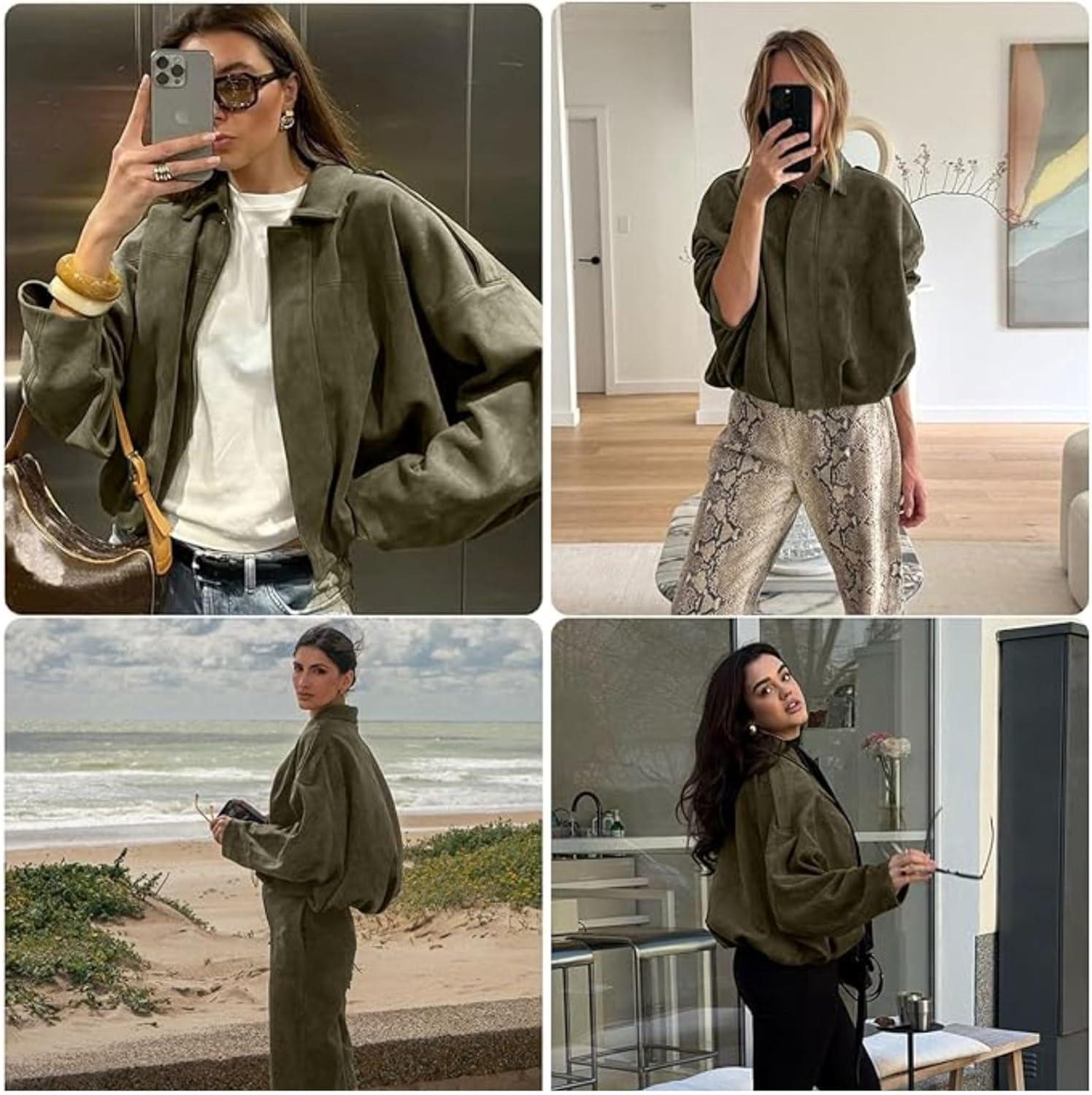 Women's Suede Bomber Jacket Spring Lapel Pilot Coat Casual Oversized Long Sleeves Trendy Streetwear