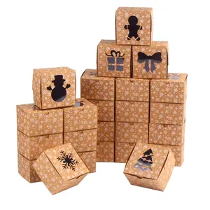 Christmas Brown Cardboard Bakery Boxes, 24 Pack 4"x 4"x 2.5" Mini Cookie Boxes with Window Kraft Cake Box for Xmas Cupcakes Cookies Brownies Donuts Truffles Gift-Giving.