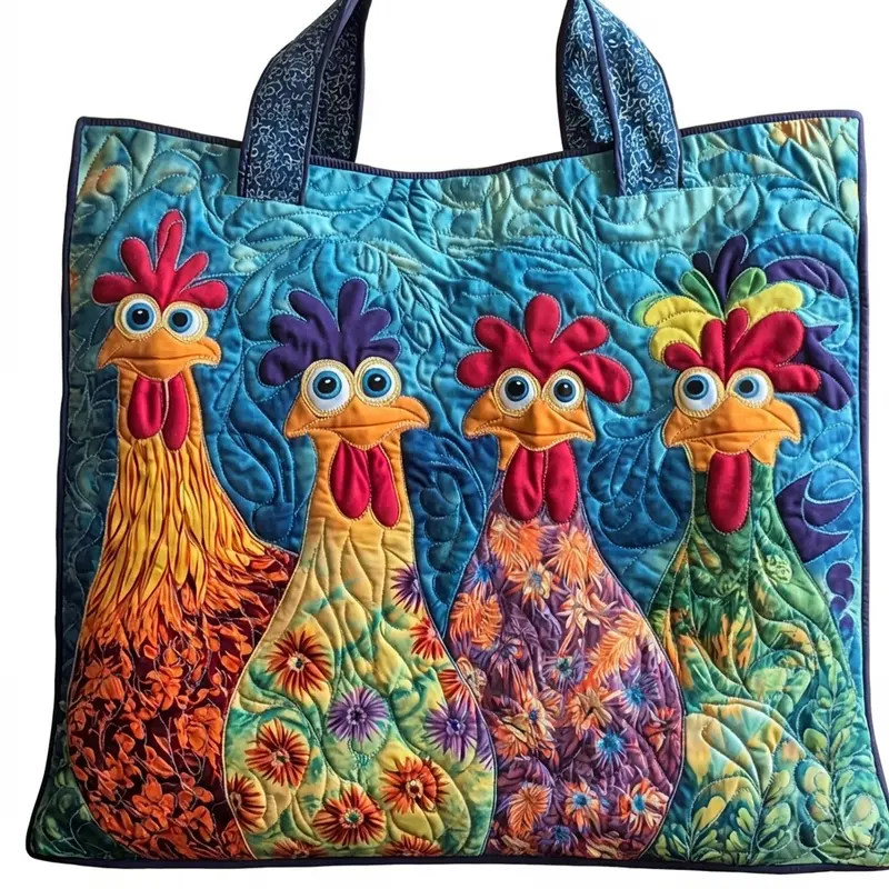 Handbag Shoulder Bag, Women Cartoon Rooster Farm Animal Art Print Folk Country Quilted Polyester Printed Hand Shoulder Bag, For Grocery Shopping Daily Travel Casual Outdoor Gathering, Large Capacity Lightweight Reusable Durable Storage Handbag
