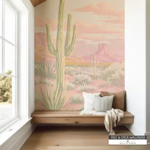 Painted Desert Dreams – Pink Western Peel & Stick Wallpaper, Feminine Desert Cactus Wall Mural – Blush Pink Sage Green Renter-Friendly Decor – Western Nursery Wallpaper – Removable Mural for Farmhouse, Maximalist, and Cowgirl Bedroom Accent Walls