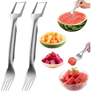 2-in-1 Watermelon Cutter Set (2Pcs) - Dual Head Stainless Steel Fruit Slicer & Fork - Square Shape Kitchen Gadget for Summer Fruits - Multi-Functional Home Kitchen Utensils - Easy Melon Cutting Tool