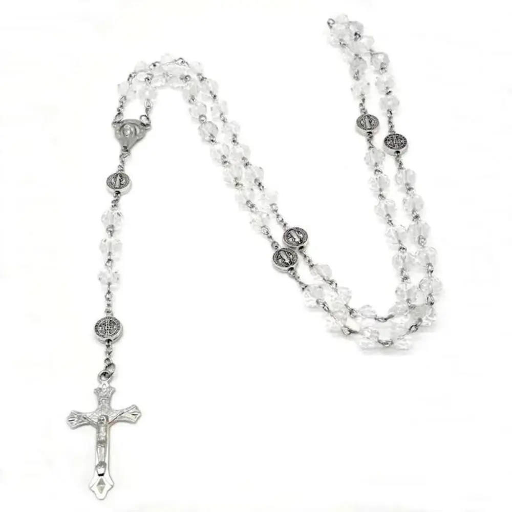 Colorful Crystal Bead Cross Necklace, Catholic Crucifix Statement Necklace for Men - Long Chain Costume Jewelry Gift, Bead Necklaces