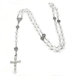 Colorful Crystal Beads Rosary Necklaces Cross Pendant Catholic Religious Necklaces for Men Women Jewelry Gift Long Chain