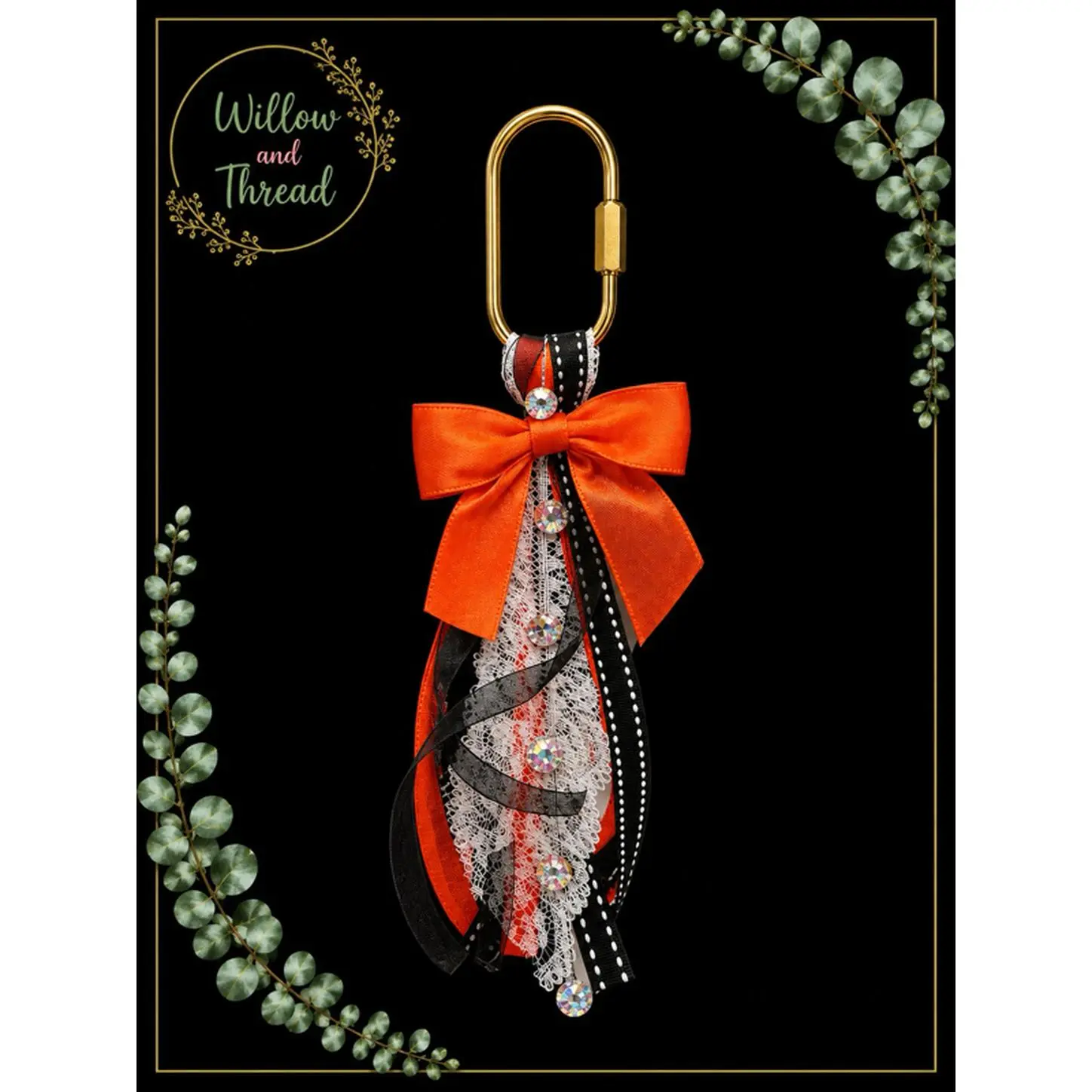 Willow and Thread Halloween Keychain with Orange Bow and Black Ribbon